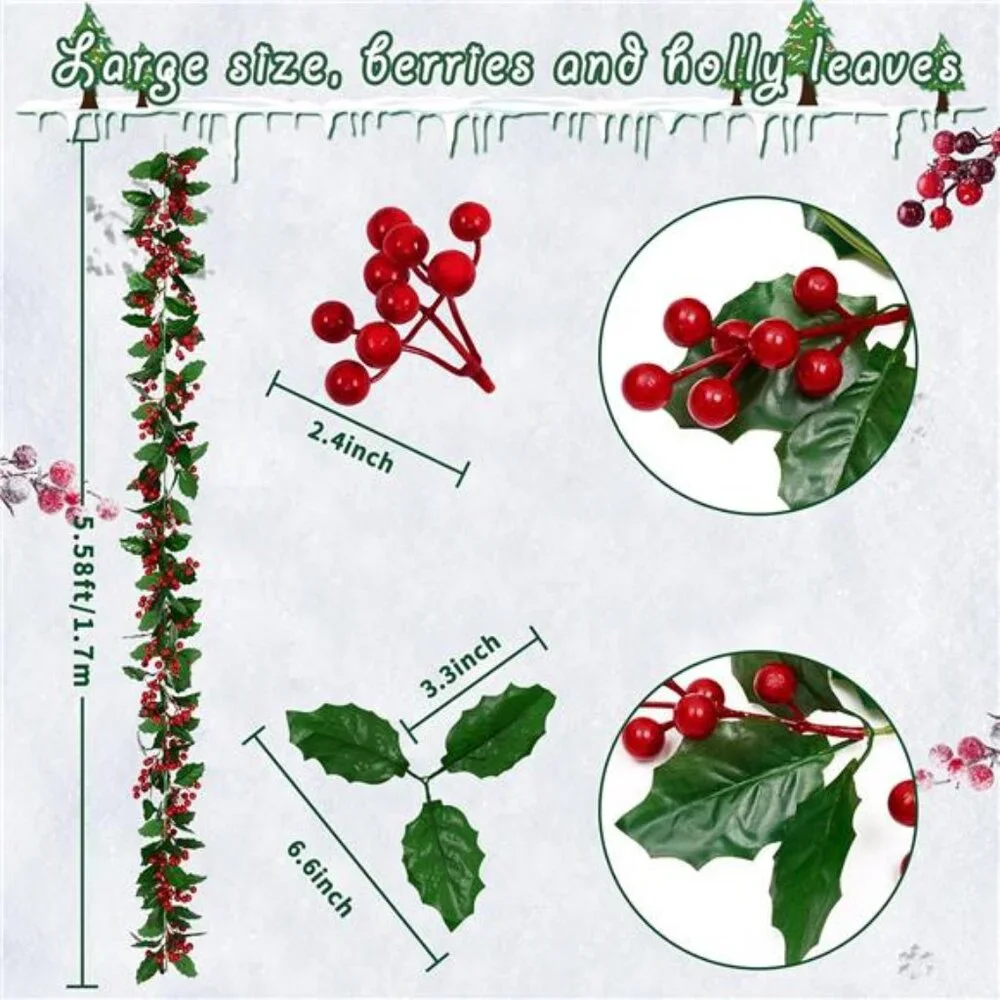 5.6Ft Christmas Holly Red‎ Berry Realistic Garland for Indoor/Outdoor Decor